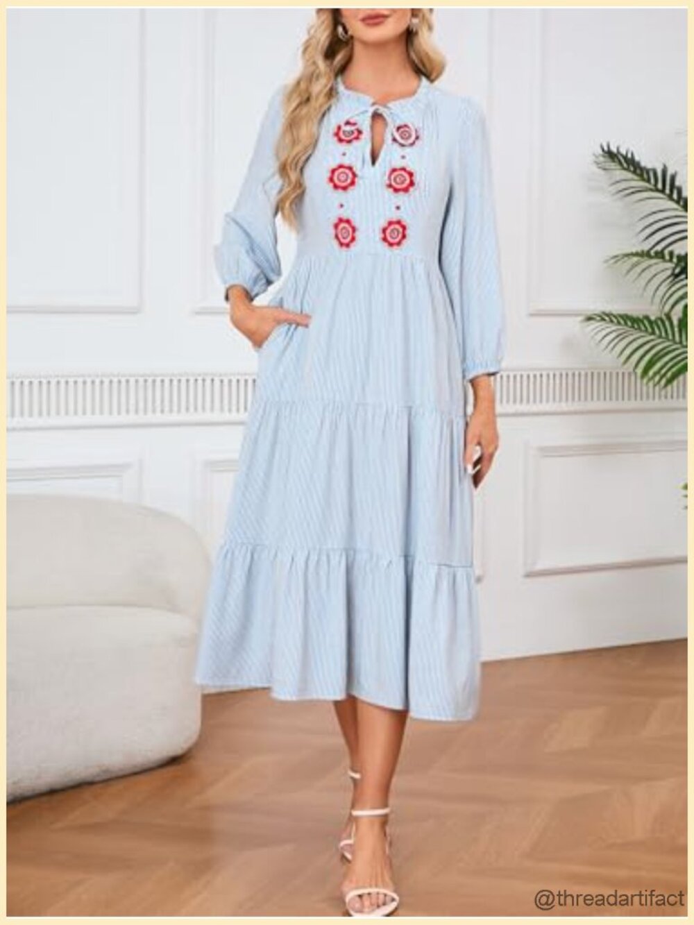 Striped Maxi Dress Tie Neck Floral Embroidery Flowy Tiered Boho Long Dress with - Picture 5 of 6
